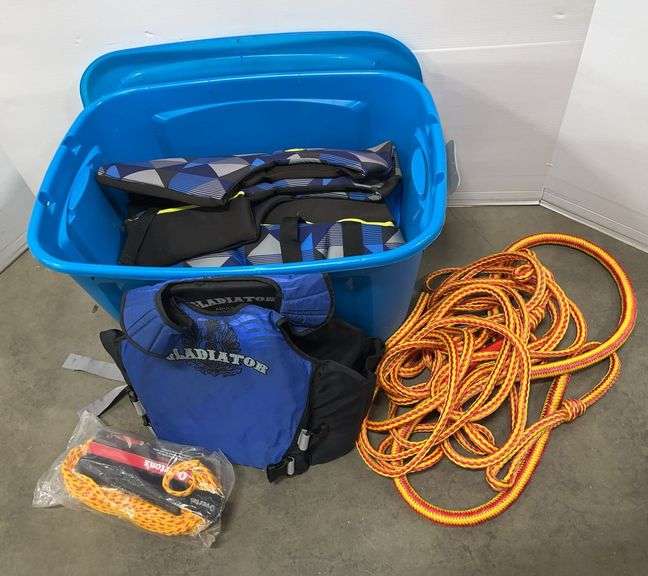 Life jackets, tow ropes, and tote, includes: (2) Body Glove, size 2XL ...