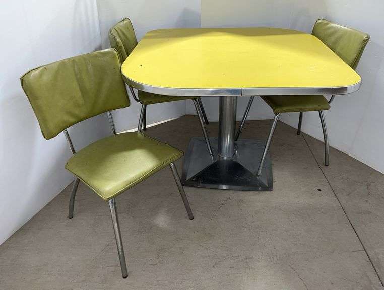 Mid-century chrome base table and (3) Chairs, table- 40"W x 40"D x 28 1/2"H, chairs- 16"W x 16"D x 32"H, good