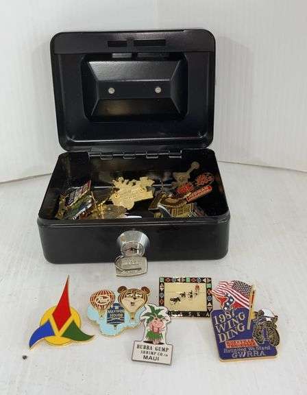 Old lock box with keys and older hat pins, 4 7/8