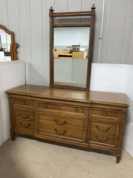 9-Drawer dresser with mirror, dresser- 66"W x 20"D x 32"H, mirror- 45" x 26", good