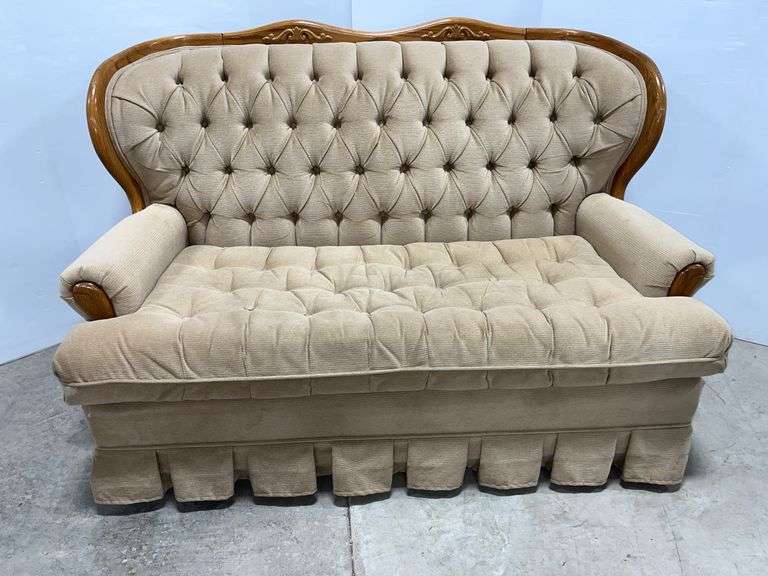 Loveseat, wood accents, small wear on back, some buttons replaced on bottom of cushion, 56"W, fair
