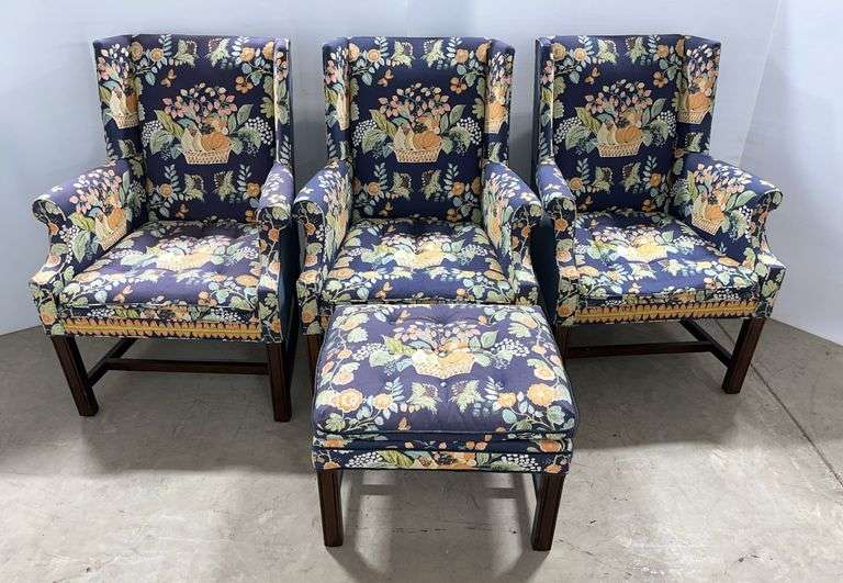 (3) Matching older sitting chairs with ottoman, chairs- 25"W x 24"D x 37"H at back, nice
