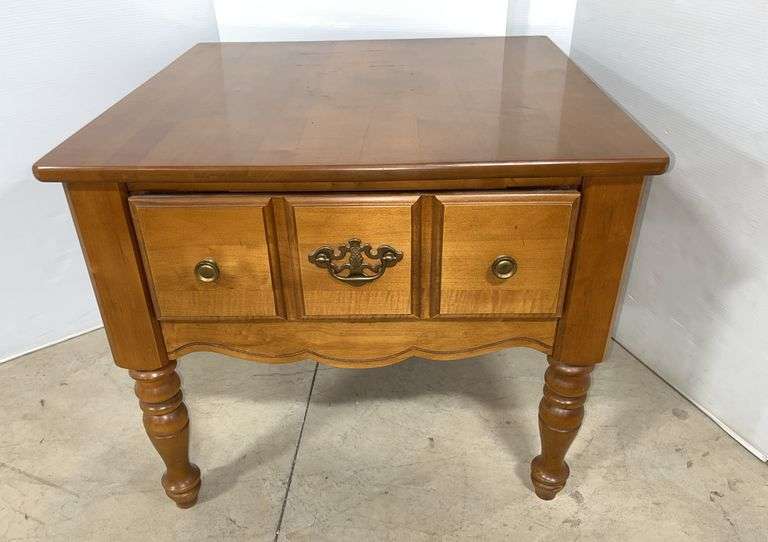 Older Bassett Furniture side table with drawer, 26" x 26" x 22"H