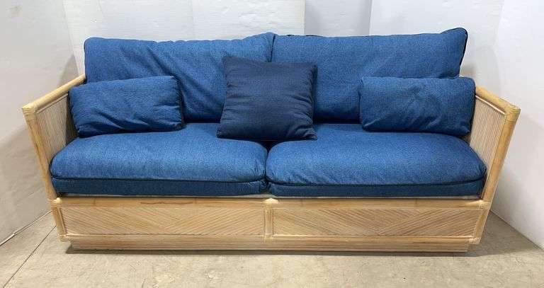 Rattan couch with fabric cushions, 73"W x 30"D x 27"H, good