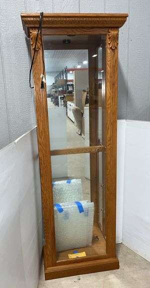 China cabinet with light, glass front, and 5-shelves, 23"W x 11"D x 76"H, good