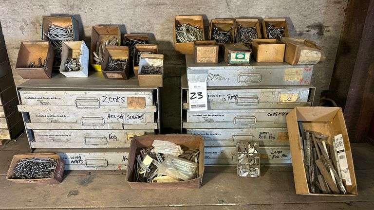 Group of Parts Organizing Trays:  Zerk Fittings, Set Screws, Wing Nuts, O-Rings, Roll Pins, Large Quantity of Assorted Cotter Pins and More!  Trays are Approximately 12-1/2" x 18-1/2" x 3"