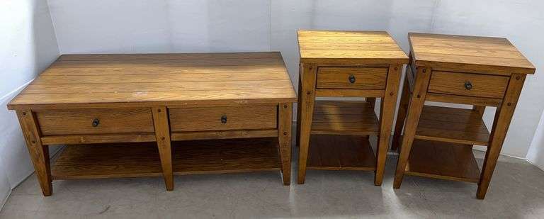 Pair of solid oak wooden end tables, and a matching coffee table, each with a pull-out drawer, end tables- 18"W x 18"D x 26"H, coffee table- 48"W x 27"D x 19"H, used