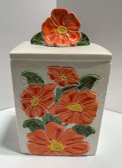 Older Lefton poppy/orange cookie jar, hand painted by artist Liz, 1973 on bottom with signature, 7"W x 9 3/4"H, lid is cracked/repaired, chipped, some crazing