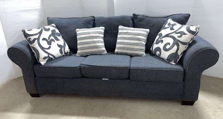 Light blue couch by May Furniture, 90"W x 36"D x 19"H to seat, good