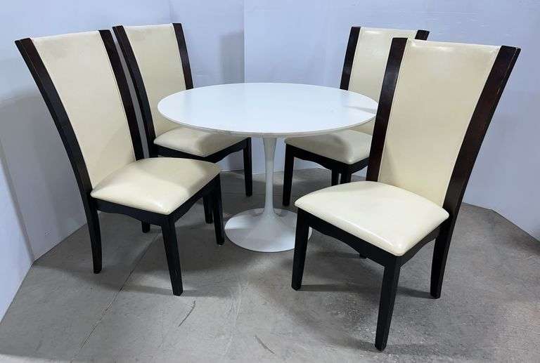 Round mid-century white table with (4) White/black chairs, 42"Dia