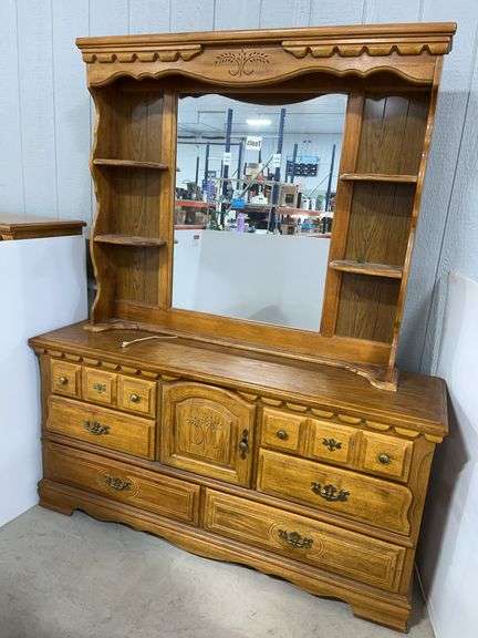 Oak bedroom dresser with hutch mirror, 64'W x 17 1/2"D X 33"H