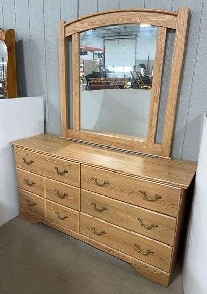 Oak grain dresser with mirror, 63 1/2"W x 18"D x 32"H