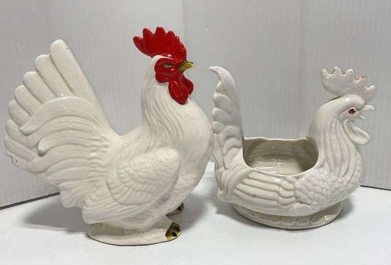 Ceramic rooster, 7"L x 8"H; Ceramic rooster planter, made in the USA, 6"L x 6"H, chipped