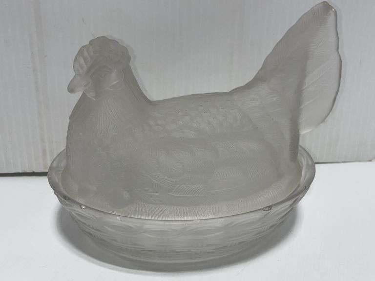 Frosted hen on nest, mid-century lidded candy dish from the 1950s, 5 1/2"W x 7 1/4"L x 6"H, a couple small chips on edge of nest, no cracks, good