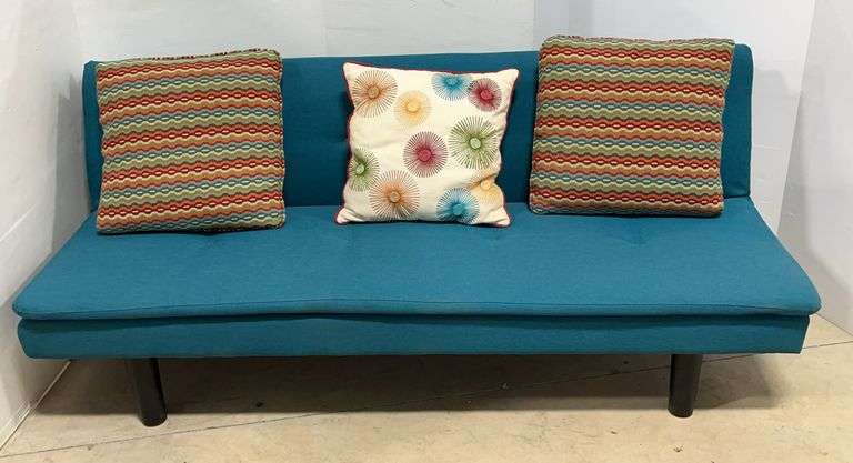 Futon couch with (3) decorative pillows, 64"W x 27"H upright, great