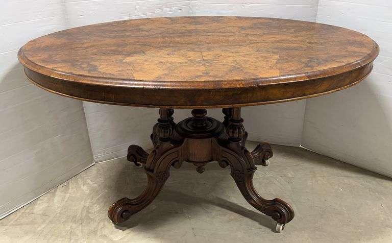 Antique burlwood tilt top table, 39"W x 52"L x 30"H