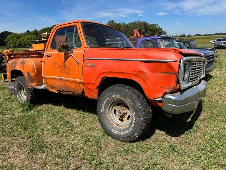 *1978 Dodge Warlock Custom 4wd Stepside Pickup, VIN: W13BF8J502548, Cab Floor Rusted Through, One Flat Front Tire.  Not Running.  NOTE:  Engine Visible in Pictures is Not Included - It will sell separate.  *NOTE:  The rear driver side wheel 'turbine style' has been removed and will sell with Lot #237 to make that lot a set of four.