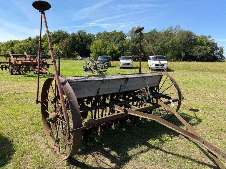Oliver Superior 13-Hole Grain Drill with Wooden Seed Boxes, Missing Lid for Seed Boxes, 48" diameter Wheels