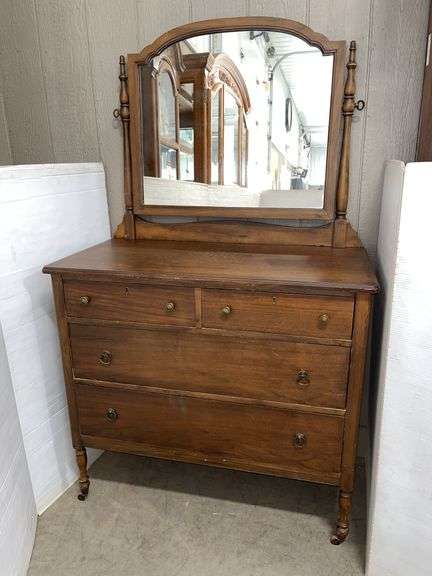 Older dresser with mirror, 4-drawers, mounted on casters, dresser- 40"W x 20"D x 36"H, mirror- 31"W x 35"H, ornate unit, some scratches on top