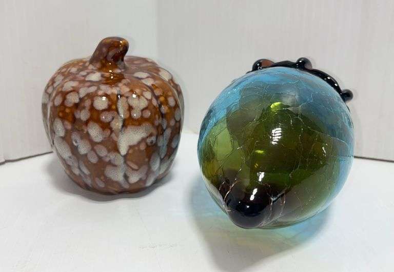 Older art crackle acorn glass, blue and amber and ceramic pumpkin, 3 1/4" x 3 1/2", acorn- 5 1/4"L, very nice