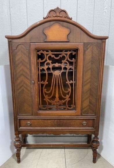 Antique cabinet, 40 1/2"W x 15 1/2"D x 70 1/2"H, crack on top trim, no glass, edge wear