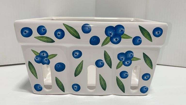 Crofton ceramic blueberry basket, white, blue, and green in color, 8 3/4" x 4 1/2"H, great