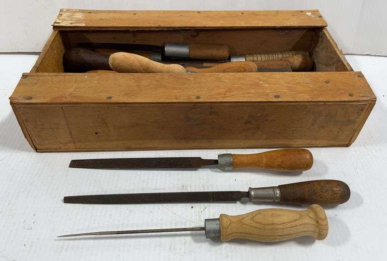 Assorted Hand Files Older assorted hand files and handles, comes in a homemade wooden box ...