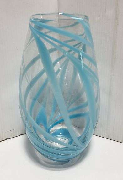 Hand Blown vase with light blue swirl pattern, 4"Dia opening x 11 3/4"H, very nice