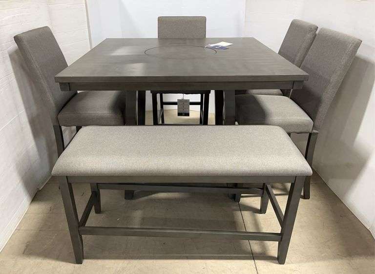 Powell (6) piece Seneca gray counter high table with lazy susan, (4) chairs, and bench, table- 47 1/2"W x 47 1/2"D x 36"H, new