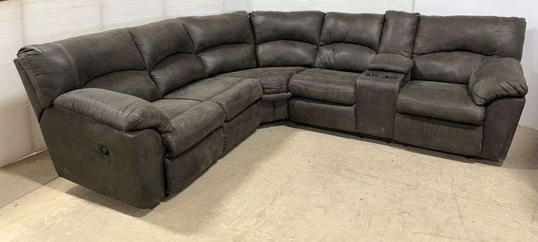 3-piece Ashley furniture charcoal grey L shaped reclining sectional couch with built in console with cup holders, one side- 7'L to corner, other side- 8'L to corner, great