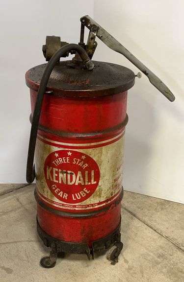 Kendall Oil Rack Kendall Oil Can Grease Drum on Casters with Pump - Albrecht Auction Service
