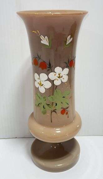 Older Victorian bristol glass, hand painted vase, 9 3/4"H, glows red when held in the light, no damage