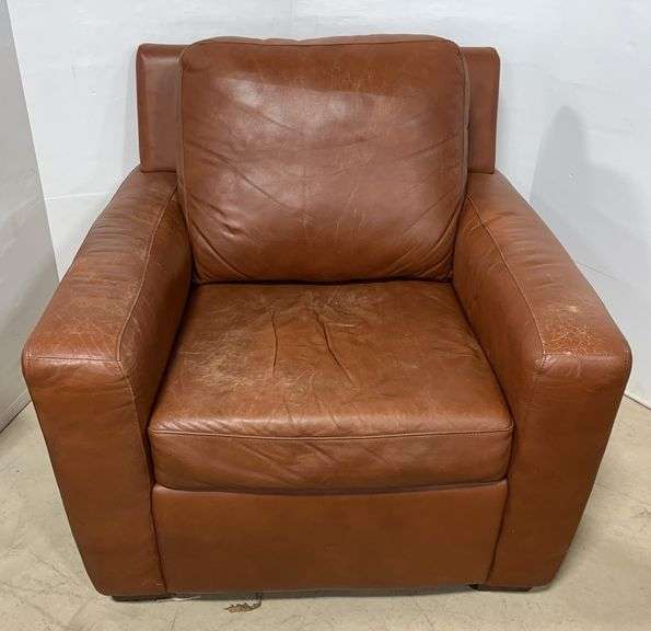 Brown Leather armchair, seat- 23"W x 19"H, used, some arm and seat wear