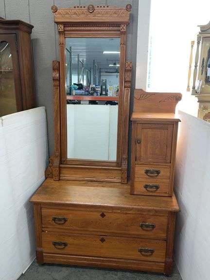 Hat box/gentleman's dresser, 43"W x 20"D x 53 1/2"H to top of hat box trim, screws for mirror included in top small drawer