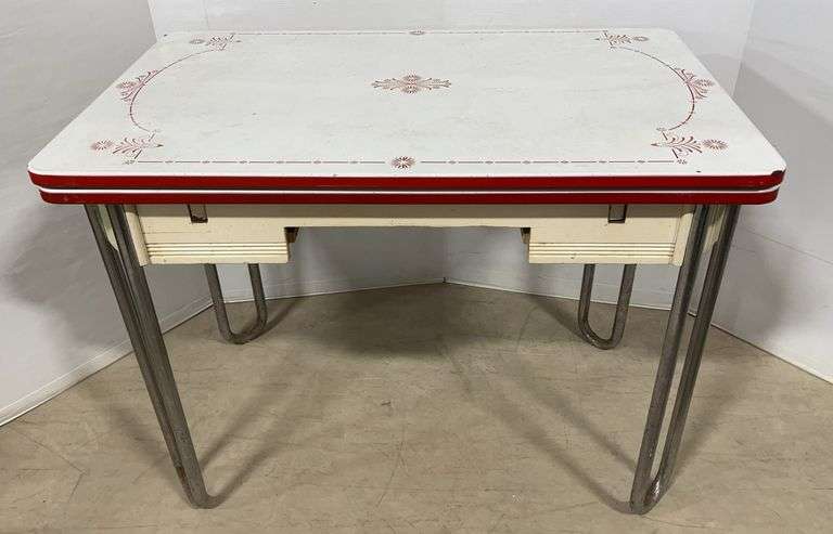Antique metal table with side sliders, circa 1932, closed- 40"W x 25"D x 30"H