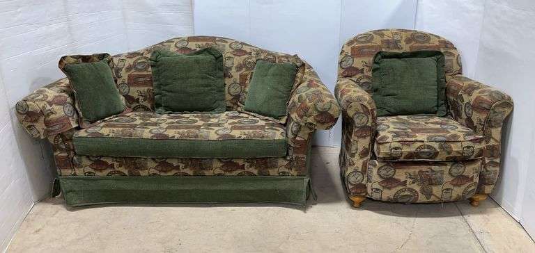Fishing themed chair and loveseat, 64"W x 35"W