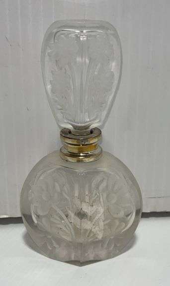 Perfume bottle w/ stopper, engraved and base with floral decorations 4 1/2"H, no damage