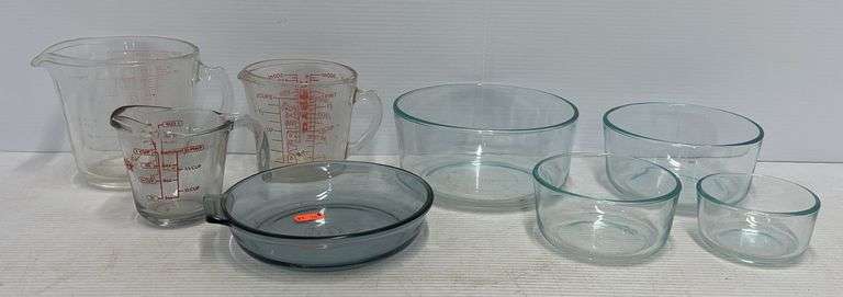 (3) Pyrex glass measuring cups, (4) Sculpted tinted bluish color Pyrex ...
