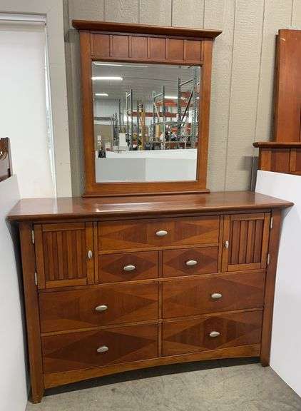 Kathy Ireland Home dark wood long 6-Drawer dresser with side compartments and matching mirror, felt lined drawers, 60"W x 19"D x 42"H, mirror- 33"W x 39"H, very nice
