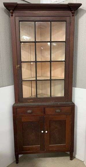 Antique two-piece corner cabinet, 36"W x 20"D, bottom piece is 38"H, top piece- 52"H, together- over 89"H, over 100 years old, missing one section of glass on bottom left corner