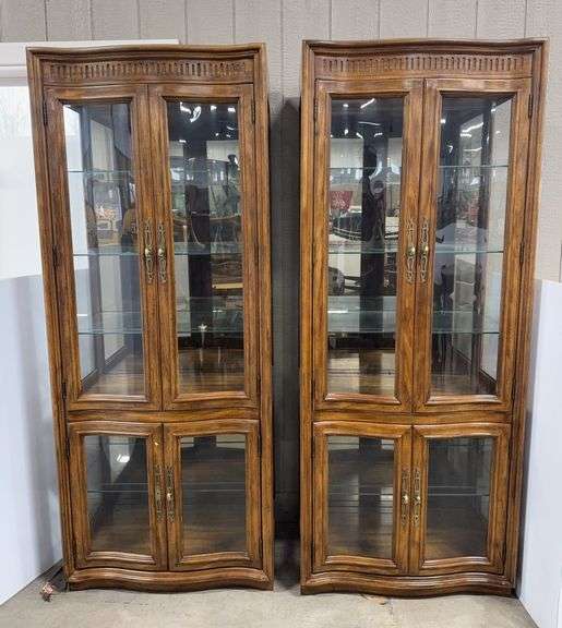 Set of (2) Drexel glass/wooden display cabinets, 32"W x 22"D x 78"H, one handle broken off, three glass shelves have chips