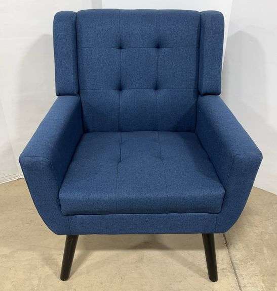 Accent living room chair, upholstered button tufted arm chair, linen fabric, dark blue in color, 30"W x 28"D x 34"H at the back