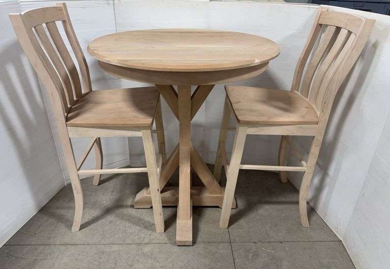 New Maple 36" Dia High Top Table with (2) Chairs, Unfinished, Table is 41" Tall, Chair Seats are 30" High, Seats are Not Fastened for Finishing Purposes