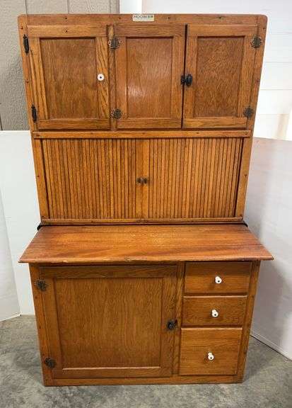 2-Piece Hoosier Cabinet Hutch: Original Hoosier Tags; Roll-Top Doors; and Bottom Metal Drawer