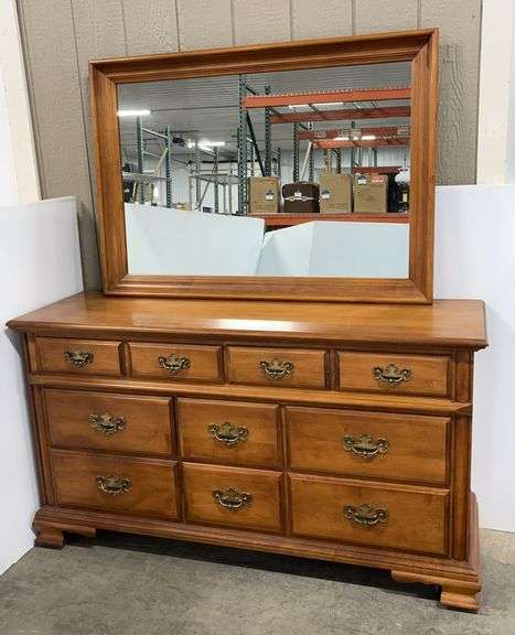 8-Drawer dresser with mirror, Young Republic Mfg. Indiana brand, 60"W x 10"D x 34"H, mirror- 40"W x 34"H, on wheels, solid hardrock maple, very good