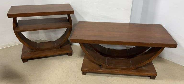 Pair of art deco tables, wood needs polished, includes: Side table- 25"W x 12"D x 22"H; Cocktail table- 36"W x 18.5"D x 17"H, good, need to be cleaned, some wear