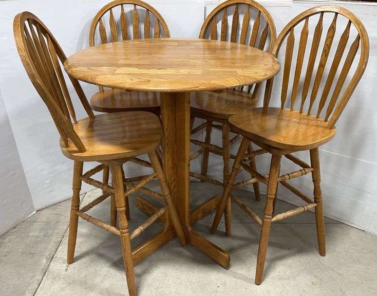 Oak Tall Top Table and (4) Oak Swivel Chairs
