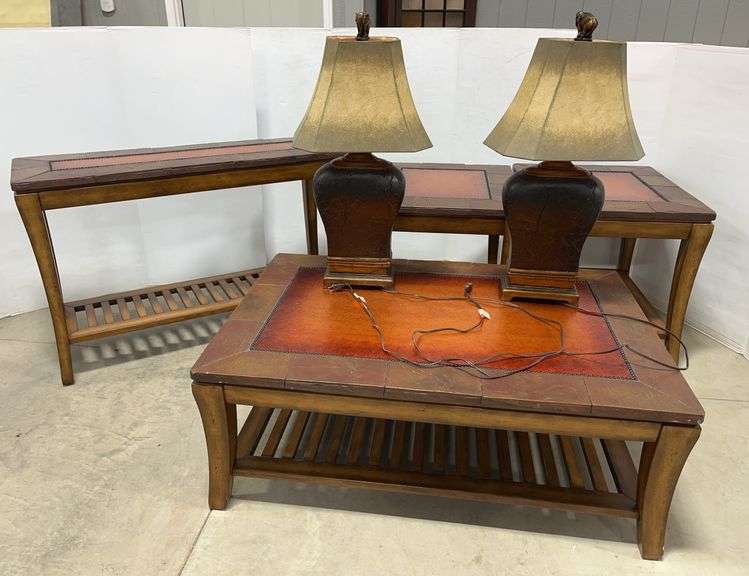 Matching sofa table, side tables, coffee table, and (2) Lamps, sofa table- 48"W x 16"D x 31"H, coffee table- 48"W x 32"D x 19"H, side tables- 28"W x 24"D x 26"H, nice, some wear