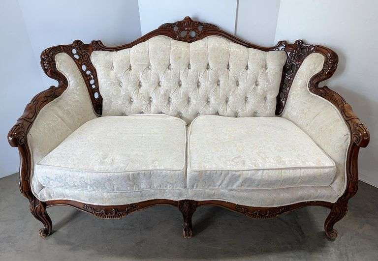 Cream Color American French Style Ornate Carved Upholstered Loveseat with Tufted Back