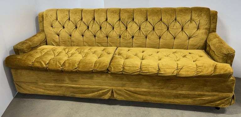 Older Rowe furniture, 86"W x 30"D x 32"H, gold velvet couch, tear on the back from door frame, otherwise good
